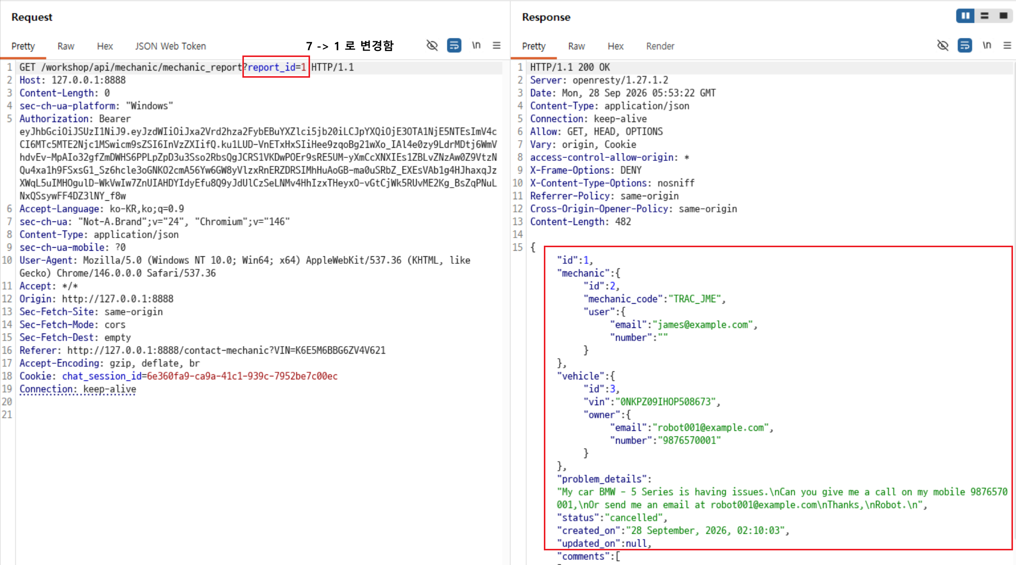 증적 5 — report_id 1 다른 사용자 보고서 조회 응답